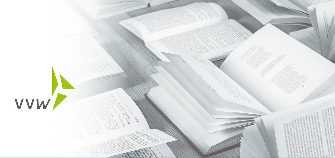 Kopfzeile „Publikationen – AGV Verlagsprogramm“ Viele aufgeschlagene Bücher