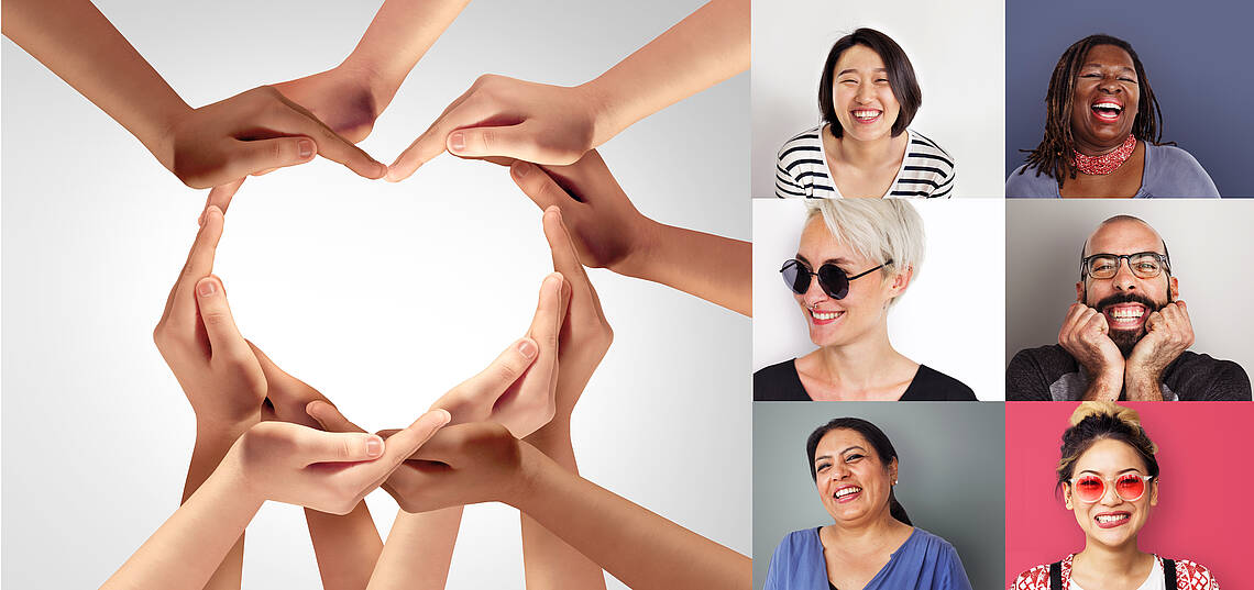 Kopfzeile „Projekte – Diversity“ Drei bunte Stühle, viele Hände in einem Kreis, daneben Porträts von neun bzw. sechs Menschen