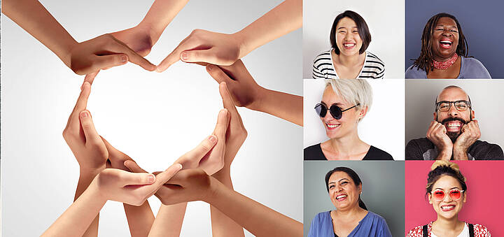 Drei bunte Stühle, viele Hände in einem Kreis, daneben Porträts von neun bzw. sechs Menschen