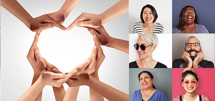 Drei bunte Stühle, viele Hände in einem Kreis, daneben Porträts von neun bzw. sechs Menschen