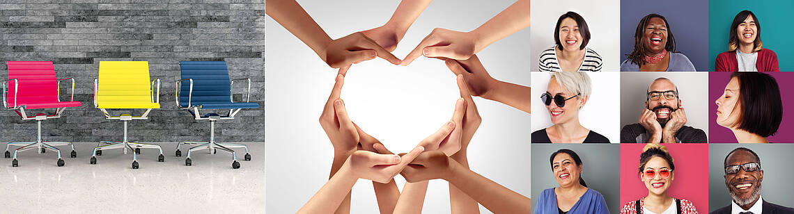 Drei bunte Stühle, viele Hände in einem Kreis, daneben Porträts von neun bzw. sechs Menschen