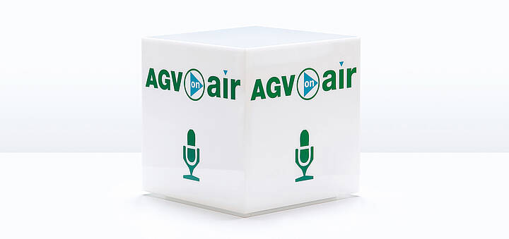 Kopfzeile „Publikationen – AGV on air“ Würfel mit der Beschriftung „AGV on air“ linksbündig