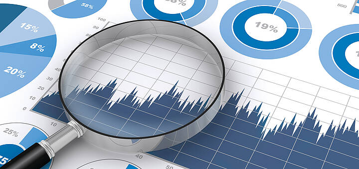Gehaltsindizes - Jahresbetrachtung Lupe auf einem Blatt mit verschiedenen Diagrammtypen