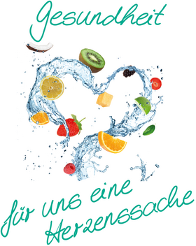Früchte in Herzform und Schriftzug „Gesundheit - für uns eine Herzenssache“
