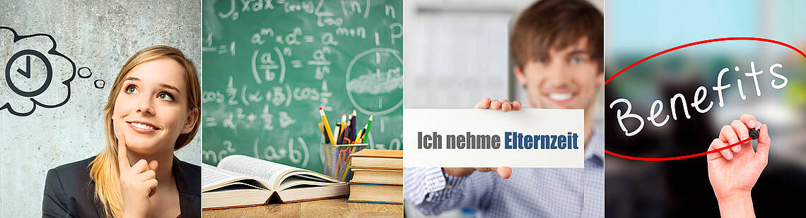 Stuttgarter (II) Vier verschiedene Bilder: Nachdenkliche Frau, Tafel, Mann der das Schild „Ich nehme Elternzeit“ in der Hand hält und die Aufschrift „Benefits“