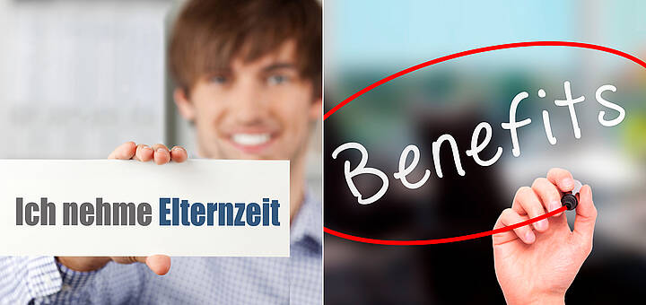 Stuttgarter (II) Vier verschiedene Bilder: Nachdenkliche Frau, Tafel, Mann der das Schild „Ich nehme Elternzeit“ in der Hand hält und die Aufschrift „Benefits“