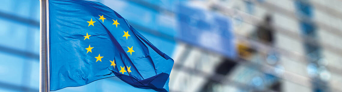 Grundsätze Flaggen der Europäischen Union vor dem Europäischen Parlament in Brüssel