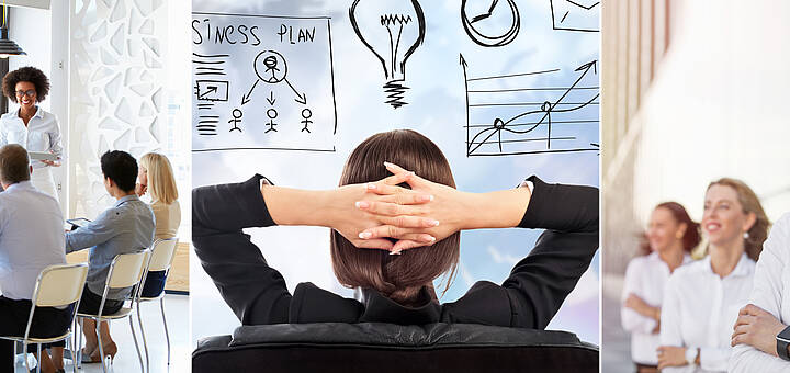 Drei verschiedene Abbildungen: Personen bei einer Besprechung, eine Frau auf einem Bürostuhl mit Blick auf verschiedene Aufzeichnungen und Frauen im Business-Look