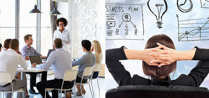 Frauenanteile in den Unternehmen Drei verschiedene Abbildungen: Personen bei einer Besprechung, eine Frau auf einem Bürostuhl mit Blick auf verschiedene Aufzeichnungen und Frauen im Business-Look