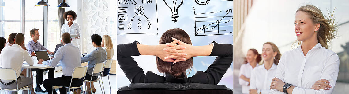 Frauenanteile in den Unternehmen Drei verschiedene Abbildungen: Personen bei einer Besprechung, eine Frau auf einem Bürostuhl mit Blick auf verschiedene Aufzeichnungen und Frauen im Business-Look