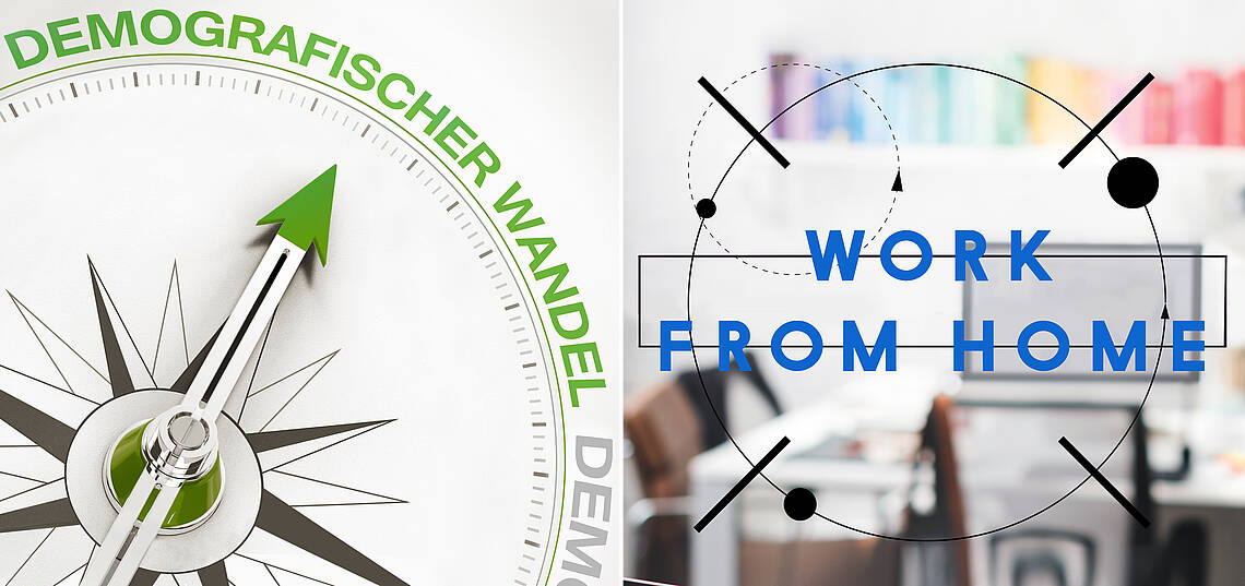 Kopfzeile „Projekte – Demografie“ Tafel mit Aufschrift "Work Live Balance", Schüler, der mit einem Notebook auf einem Bücherstapel sitzt, Kompass mit Aufschrift "Demografischer Wandel, und Schriftzug "WORK FROM HOME"