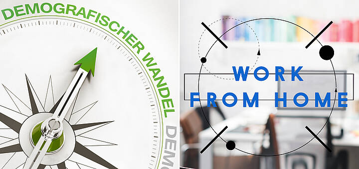 Concordia Versicherungen (III) Tafel mit Aufschrift "Work Live Balance", Schüler, der mit einem Notebook auf einem Bücherstapel sitzt, Kompass mit Aufschrift "Demografischer Wandel, und Schriftzug "WORK FROM HOME"