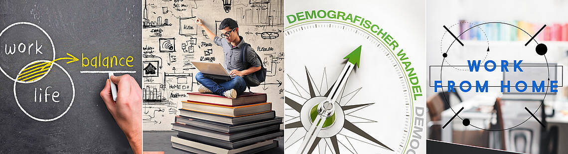 Concordia Versicherungen (III) Tafel mit Aufschrift "Work Live Balance", Schüler, der mit einem Notebook auf einem Bücherstapel sitzt, Kompass mit Aufschrift "Demografischer Wandel, und Schriftzug "WORK FROM HOME"
