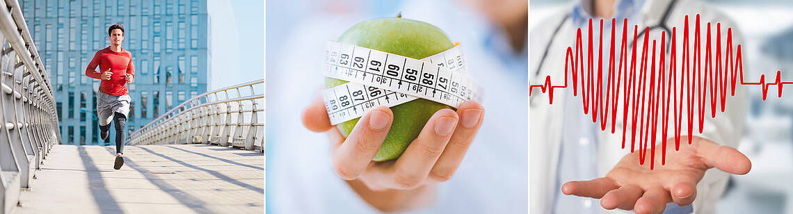 Good Practices Foto eines Läufers, ein Apfel, um den ein Maßband gewickelt wurde, Pulsgrafik in Herzform über einer Hand schwebend