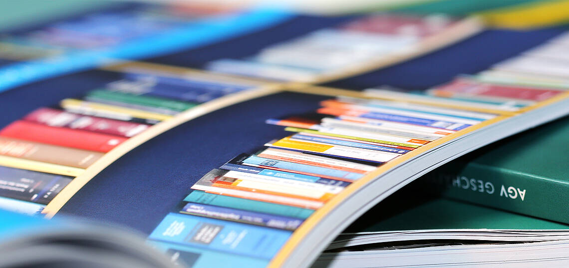 Kopfzeile „Publikationen – Geschäftsbericht“ Hefte, die übereinander liegen