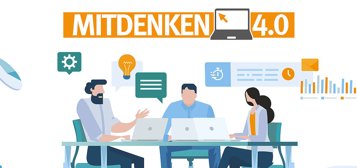 210826_mitdenken4.0_Contentbild_1000x600 Stilisierte Besprechung dreier Personen mit der Überschrift „Mitdenken 4.0“